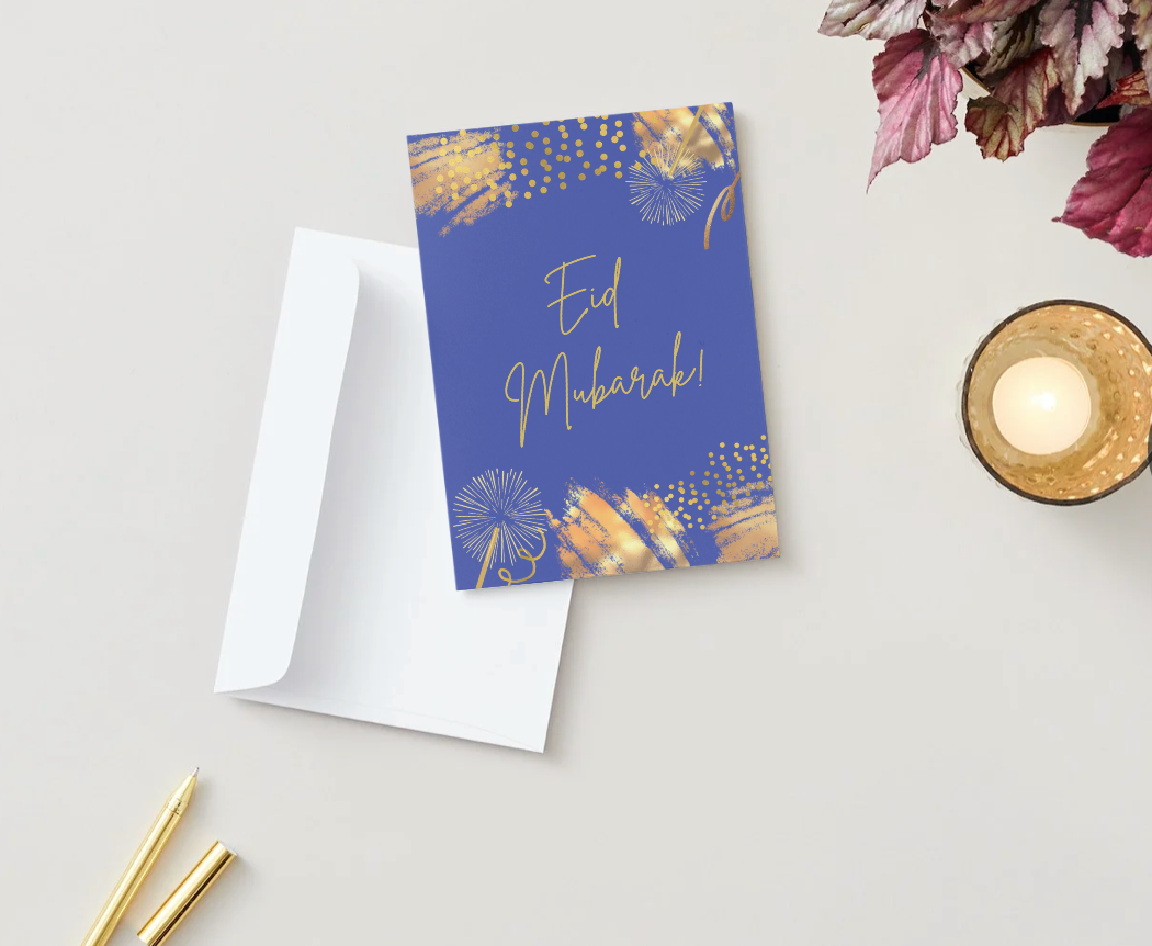 Eid Mubarak – Blue & Gold Celebration Card (5×7)